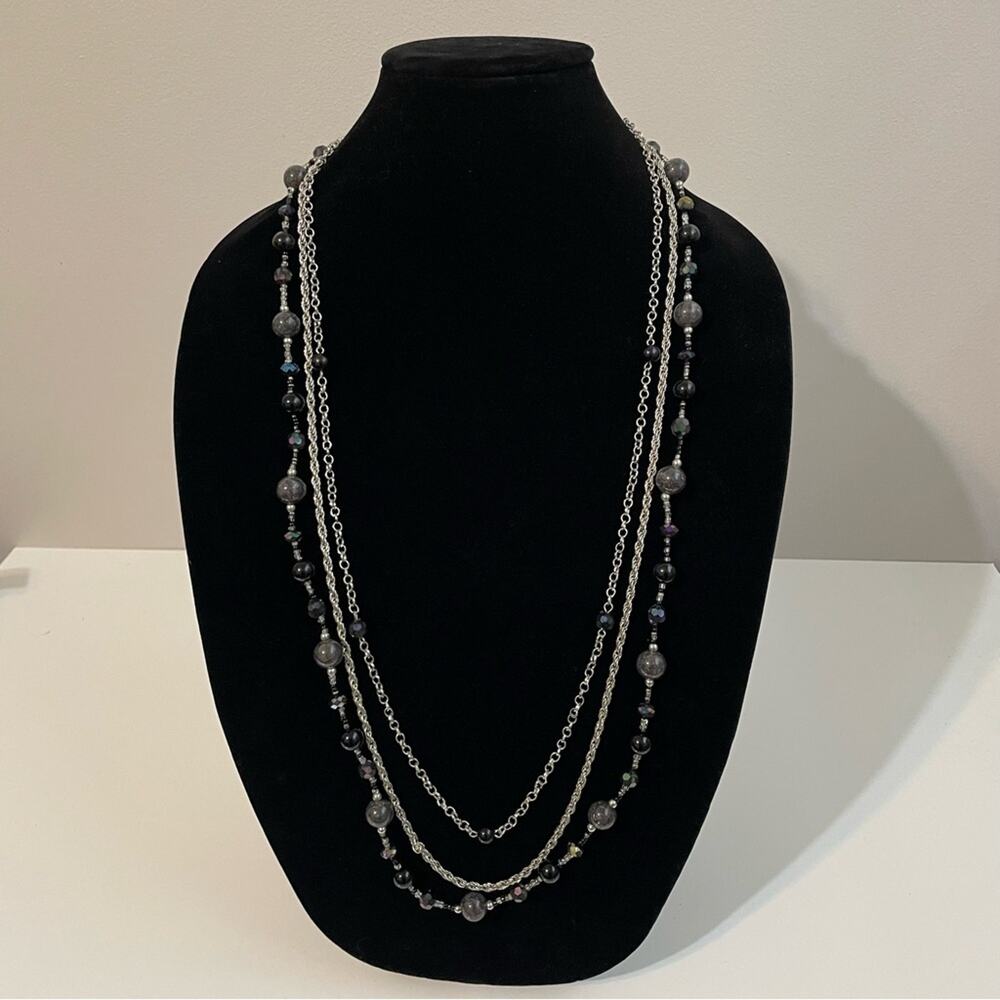 Women’s Boho Layered Multi Strand Necklace Silver Gray Iridescent Beaded